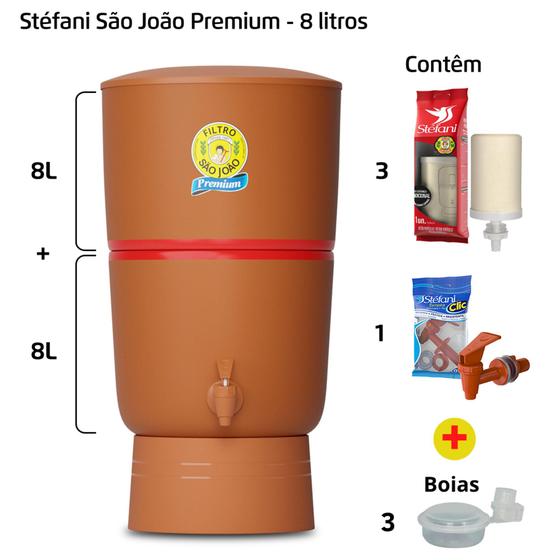 Imagem de Filtro de Barro para Água São João Premium 8 Litros 3 Velas + 3 Boias - Cerâmica Stéfani