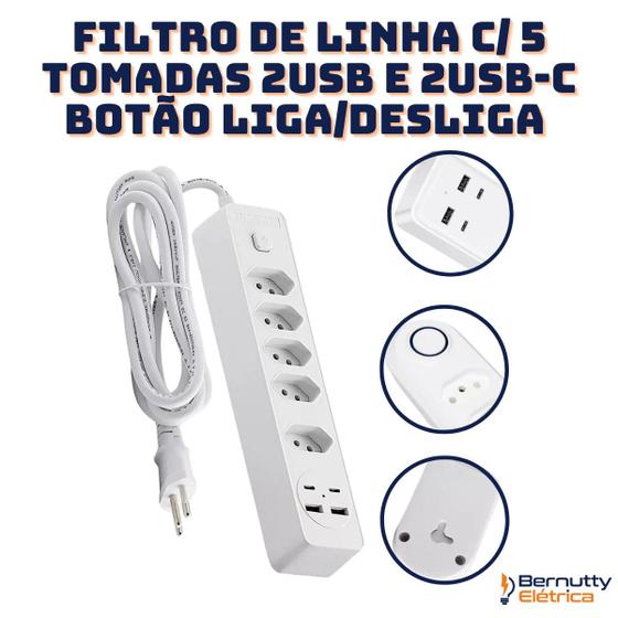 Imagem de Filtro de Linha com 5 Tomadas e 2 Portas USB + 2 Portas USB-C  10A Extensão com Botão Liga/Desliga
