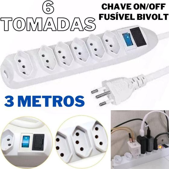 Imagem de Filtro de Linha Extensão 3 Metros Régua 6 Tomadas Bivolt Com Chave e Fusível