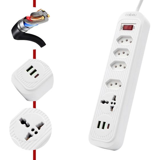 Imagem de Filtro de Linha, Extensão Tomada, Régua  4 tomadas comuns, 2 portas USB Type-C, 1 micro USB e 1 Tomada Universal