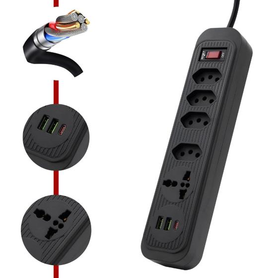 Imagem de Filtro de Linha, Extensão Tomada, Régua  4 tomadas comuns, 2 portas USB Type-C, 1 micro USB e 1 Tomada Universal