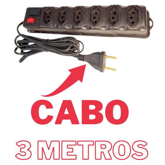 Imagem de Filtro de Linha Régua 6 Tomadas Cabo 3 Metros e 5 Metros bivolt Com Proteção Fusível Chave E Led