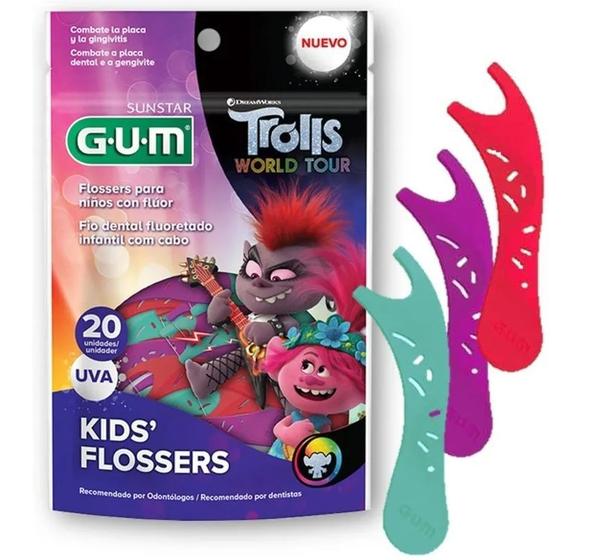 Fio Dental Infantil Gum Flossers Trolls 20 Unidades Fio Dental