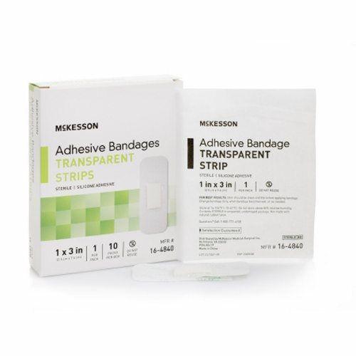 Imagem de Fita Adesiva de Silicone McKesson - Transparente, Estéril, 1x3 Polegadas (4 Pacotes com 10 Unidades)
