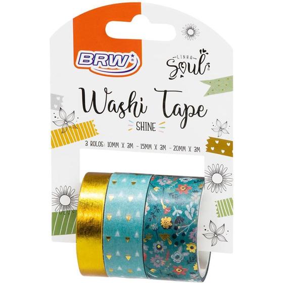 Imagem de Fita Adesiva Decorada Washi Tape Shine BRW 10/15/20MM X 3M Verde - Pacote com 3 Rolos