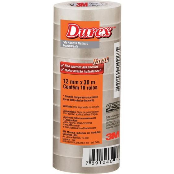 Imagem de Fita Adesiva Durex Transparente 12MM X 30M Pacote com 10