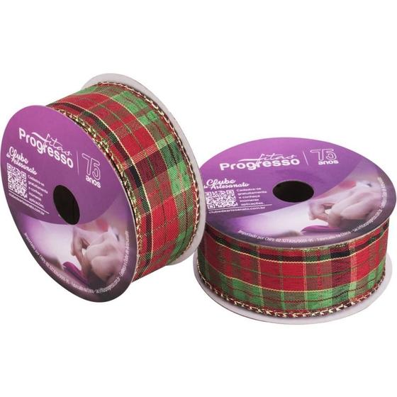 Imagem de Fita ARAMADA Natal Xadrez Natalino com Dourado 38MM X 10M