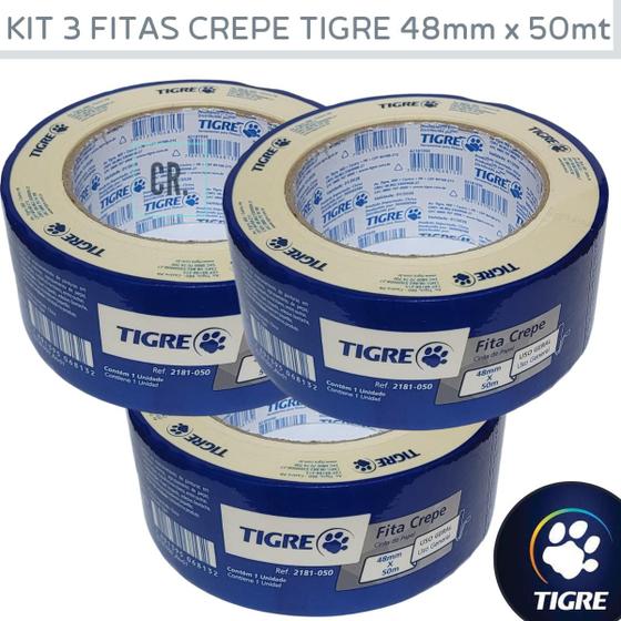 Imagem de Fita Crepe Larga Tigre Uso Geral 48mmx50mt Kit Com 3un 2181 Fita Crepe Para Pintura de Casa Profissional Branca.