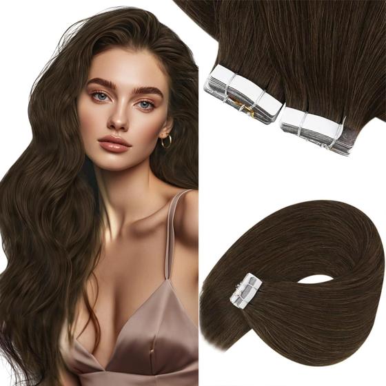 Imagem de Fita de cabelo Sunny em extensões de pele reta Fita de trama em extensões de cabelo Fita invisível em extensões de cabelo Cabelo humano 20 unidades de extensões de cabelo Cabelo humano real castanho 24 polegadas