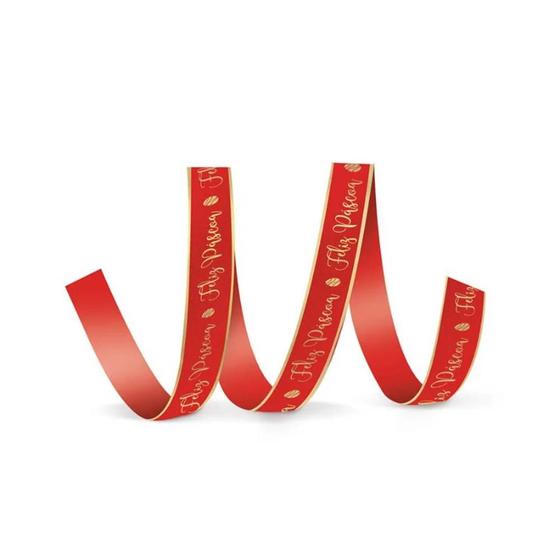 Fita de Cetim Decorada Hot Stamping Feliz Páscoa Vermelho - 10 metros - Cromus - Rizzo - Cromus Embalagens Imagem de Fita de Cetim Decorada Hot Stamping Feliz Páscoa Vermelho - 10 metros - Cromus - Rizzo