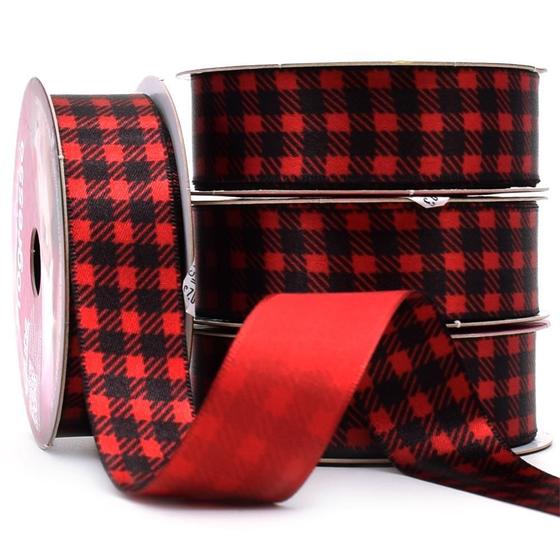 Imagem de Fita de Cetim Decorada Natal  Nº 005 - Xadrez Vermelho e Preto