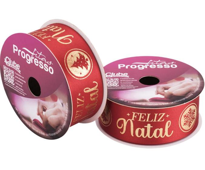 Imagem de Fita de Cetim Vermelho 30mm Frase Feliz Natal 10 mt Fitas Progresso - Inspire sua Festa Loja