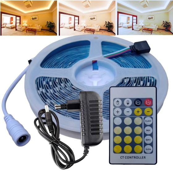 Imagem de Fita De Led 5025 Dimerizável Com 3 Cores De Luz (Frio, Quente e Morno) De 5M De 12V Com Controle Remoto Com Fonte