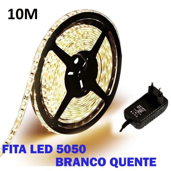 Imagem de Fita De Led Branco quente 5050 10 Metros Para Decoração Com Fonte