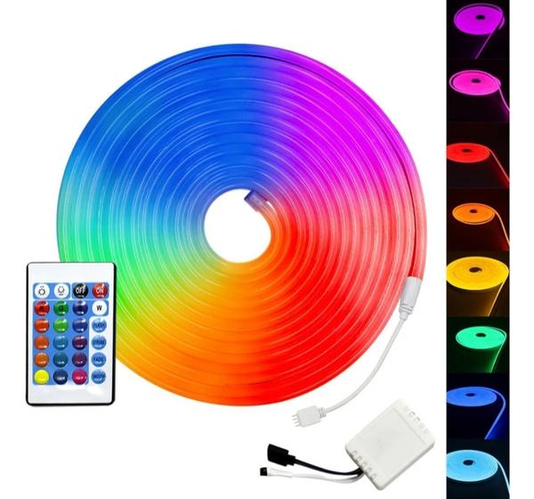 Imagem de Fita De Led Neon Flexível RGB Colorida 12v  5mts  Com Controle  Alto Brilho Com Fonte
