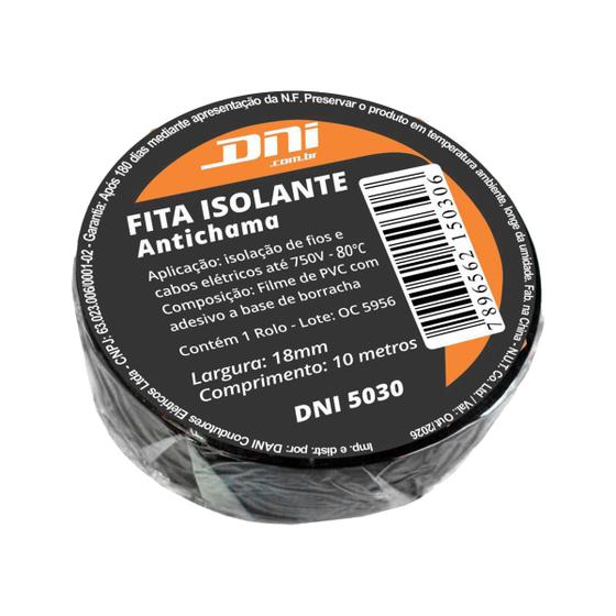 Imagem de Fita Isolante Antichama Preta 10 Metros 18mm Fio Elétrica EM pvc Até 750v 80º DNI5030