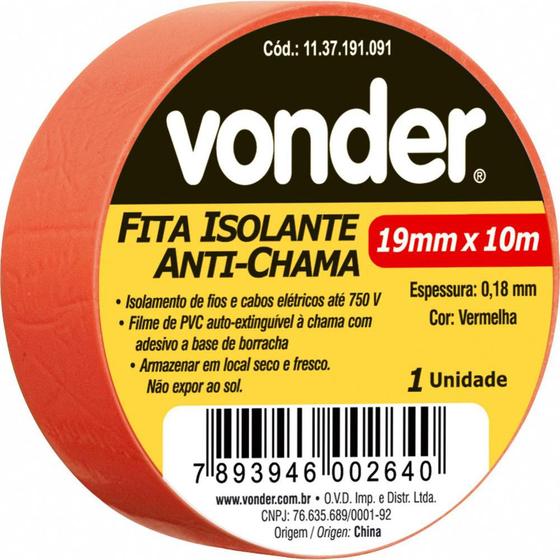 Imagem de Fita isolante pvc 19mmx10m vermelha anti chama peça Vonder