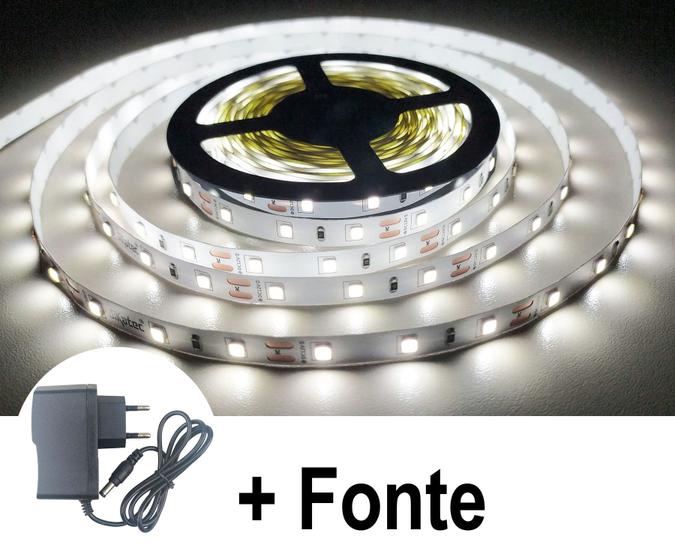 Fita LED Branco Frio 3528 300 Leds 5 Metros 12V IP20 S/ Silicone com Fonte Menor preço em Fita LED Branco Frio 3528 300 Leds 5 Metros 12V IP20 S/ Silicone com Fonte
