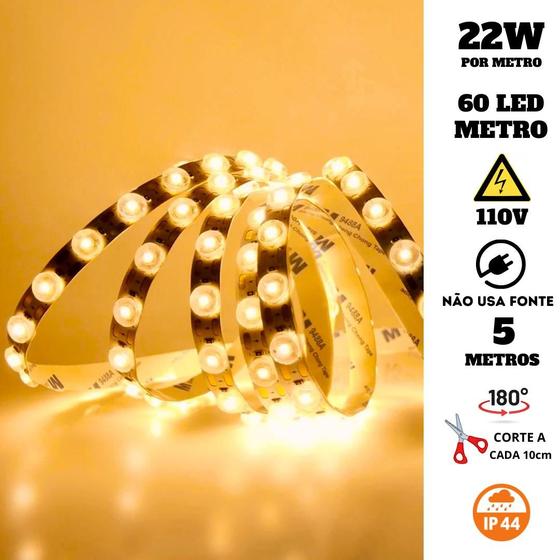 Imagem de Fita LED Lente 180 60 LEDs 110V 5 Metros IP44 22W 3000K Liga Direto