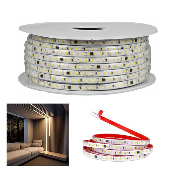 Imagem de Fita Led SMD 3000K 127V 100 Metros Perfil Fita Dupla Face Plug Conector Sanca Gesso Comercial Residencial Recepçao Sala Iluminaçao Ambiente