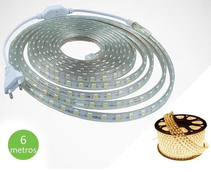 Imagem de Fita Mangueira Led 5050 Branco Quente 220v 6m + Adaptador