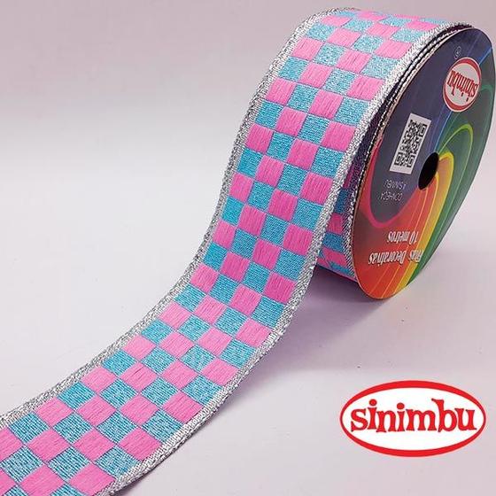 Imagem de Fita Natalina Sinimbu Quadriculada Azul/Rosa Lurex - 10mt - N9 R:1831/38mm/N9-C04