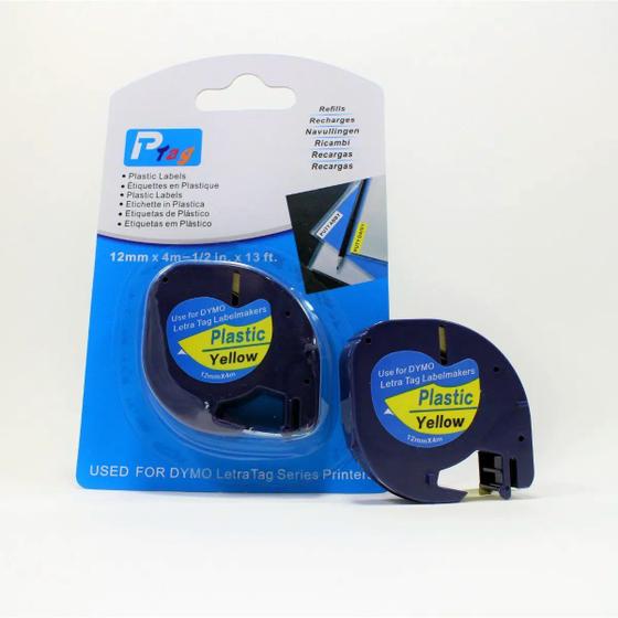 Imagem de Fita Plástica Refil Compatível com 91332 91202 Amarela 12mm p/ Rotulador Dymo Letratag LT-100H LT-100T Plus Label Maker QX50 XR MT