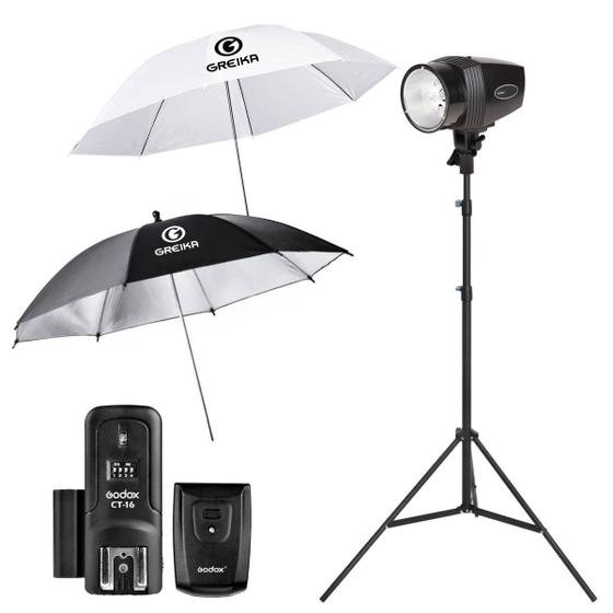 Imagem de Flash Mini Tocha Estudio Godox K180A Disparo Sem Fio com 2 Sombrinhas