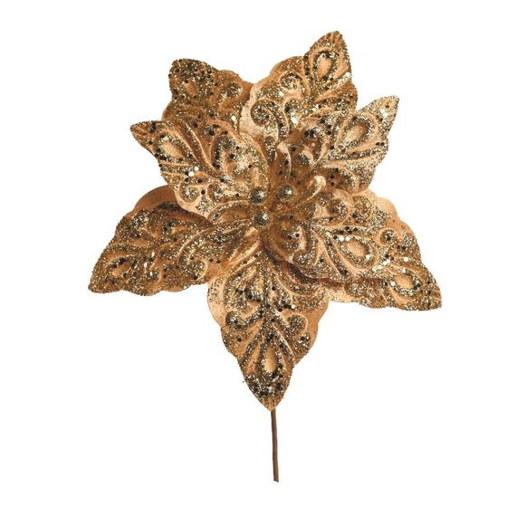Imagem de Flor Bico de Papagaio Pick Natal Veludo Arabescos Glitter Dourado 28cm - Magizi