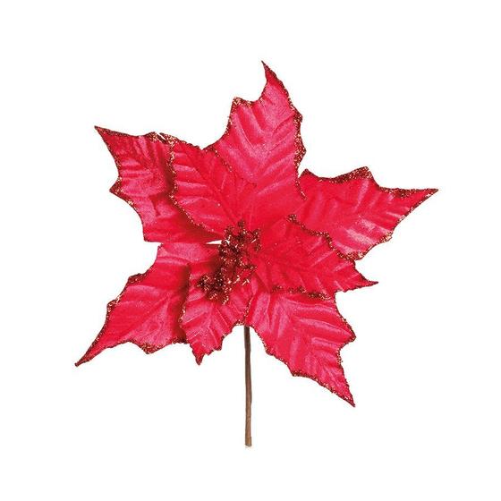 Imagem de Flor Cabo Curto Poinsettia Vermelho Veludo com Glitter 30cm - 01 unidade - Cromus Natal - Rizzo