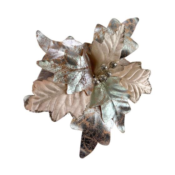 Imagem de Flor de Natal Poinsétia Champanhe e Prata Enfeite p/ Árvore Tok da Casa