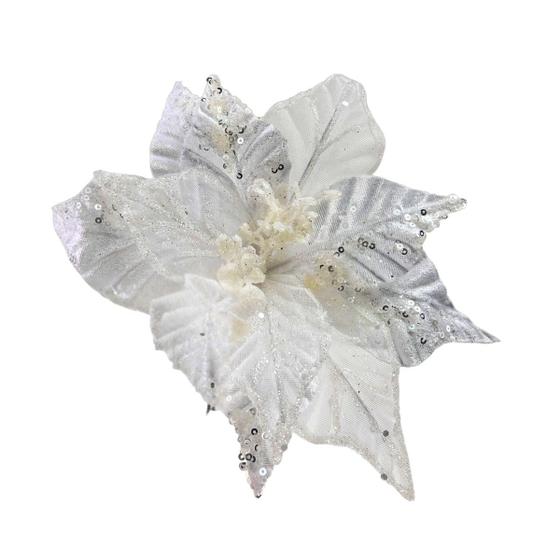 Imagem de Flor de Natal Veludo Branco com Glitter Enfeite para Árvore