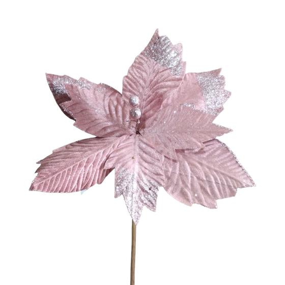 Imagem de Flor Decorativa Poinsetia Rosa Velho com Glitter 30cm - 01Un