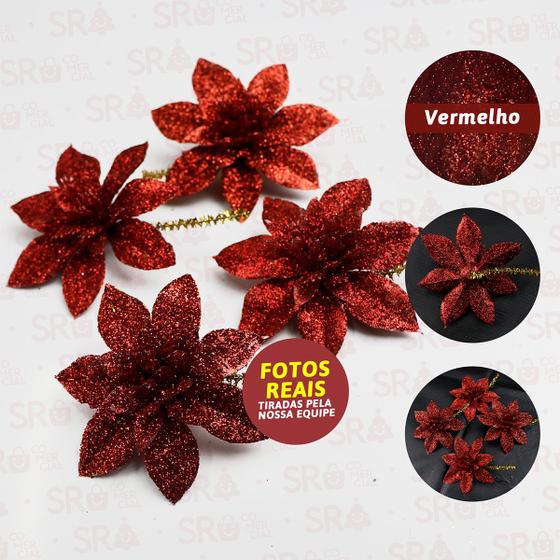 Imagem de Flores Com Glitter 4 Peças 4,5cm Super Brilho - Enfeite De Natal