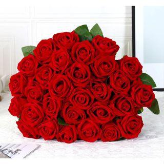 Imagem de Flores para Buquê 10 Rosas De Veludo Vermelhas Médias Artificiais ou Decoração Flores Artificial Decoração