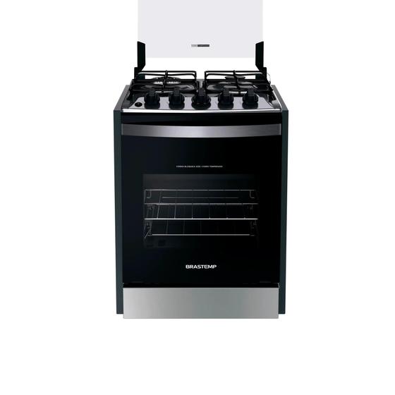 Imagem de Fogão 4 Bocas Preto 61L Bivolt Com Forno Potente Brastemp Em Aço Inox - Compacto e Com Design Elegante