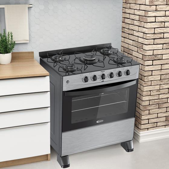 Fogão 5 Bocas Clarice Delicato Plus Glass Inox Mesa em Vidro - Bivolt