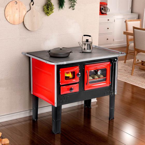 Imagem de Fogão a Lenha com Forno D 100 x 78 cm Porta de Vidro H-Prime Aço Inox Preto Vermelho - Hidro