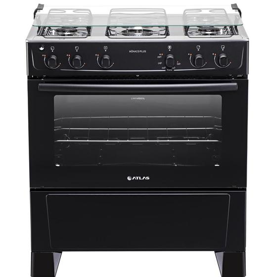 Imagem de Fogão Atlas Mônaco 5 Bocas Preto, Forno Limpa Fácil, Tampa De Vidro, Mesa De Inox Bivolt