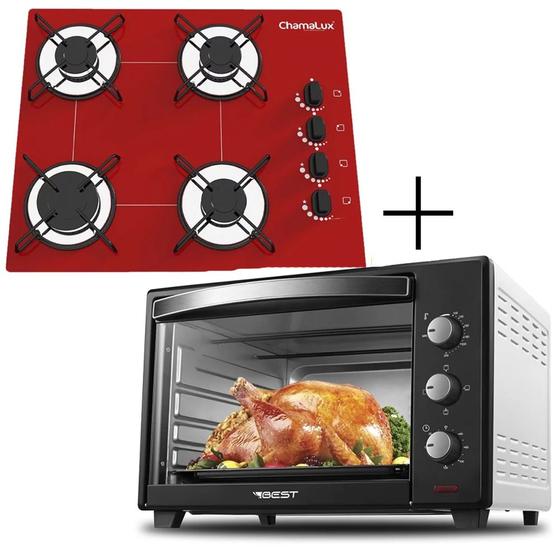 Imagem de Fogão Cooktop 4 Bocas Vermelho + Forno de Eletrico 48 Litros 127v