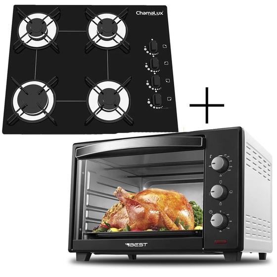 Imagem de Fogão Cooktop 5 Bocas Preto + Forno De Eletrico 48 Litros