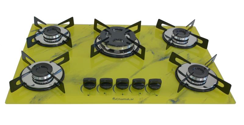 Cooktop 5 Bocas Chamalar Amarelo - Premium Tripla Chama Marmorizado - Gás Bivolt Cooktop 5 Bocas Chamalar Amarelo - Premium Tripla Chama Marmorizado - Gás Bivolt
