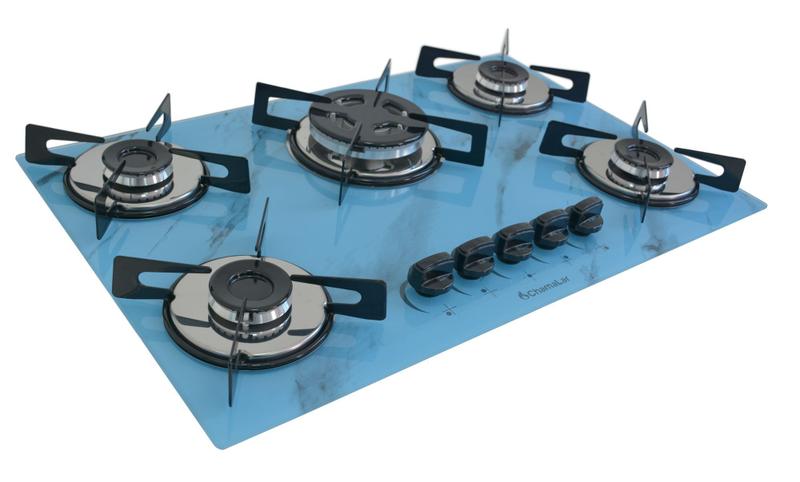 Cooktop 5 Bocas Chamalar Azul - Premium Tripla Chama Marmorizado - Gás Bivolt Cooktop 5 Bocas Chamalar Azul - Premium Tripla Chama Marmorizado - Gás Bivolt