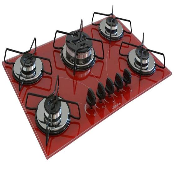 Fogão Cooktop à Gás 5 Bocas vermelho Tripla Chama Vidro Allstate