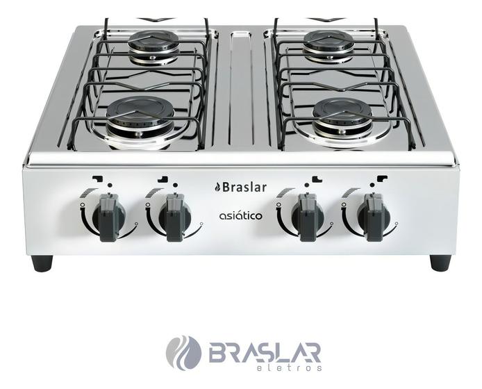 Imagem de Fogão Cooktop Asiatico A Gás Em Inox 4 Bocas Braslar