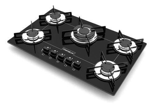 Imagem de Fogão Cooktop Chamalux 5 Bocas Tripla Chama Preto 110v/220v Trempe de Chapa