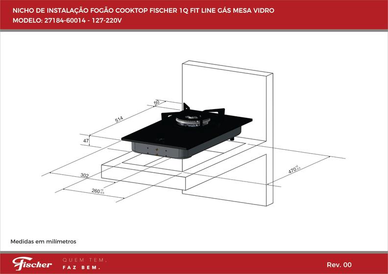 Imagem de Fogao cooktop fischer 1 boca tripla chama fit line gas mesa vidro 27184.60014