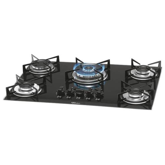 Fogao cooktop fischer 5q tripla chama gas mesa vidro preto Cooktop