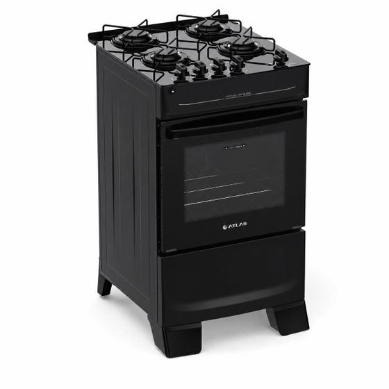 Fogão de Piso 4 Bocas Atlas Tropical Top Glass Preto Bivolt ,Mesa de Vidro, Acendimento Automático e Forno 48L