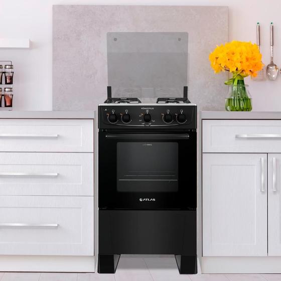 Fogão de Piso Gás 4 Bocas Atlas Mônaco Plus Preto com Mesa de Inox e Tampa Vidro - Bivolt Menor preço em Fogão de Piso Gás 4 Bocas Atlas Mônaco Plus Preto com Mesa de Inox e Tampa Vidro - Bivolt